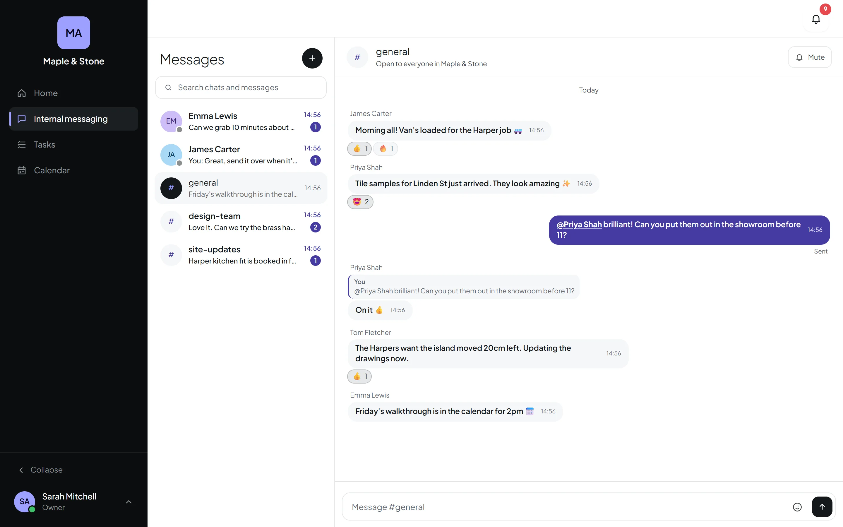 Orkello's messaging, with a list of chats and a busy team conversation