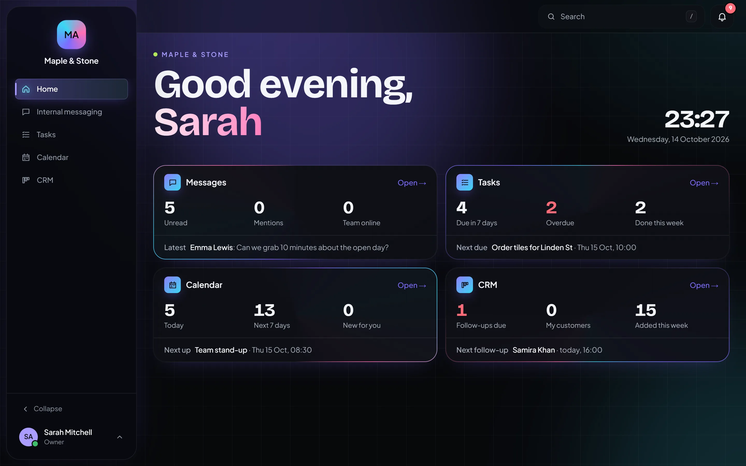 The home page in the Orkello theme