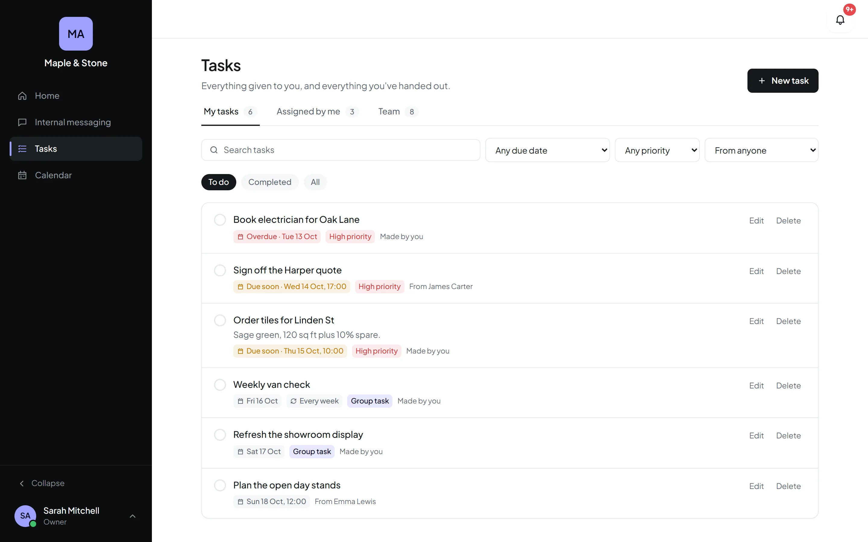 Orkello's task list with due dates, priorities and repeating tasks