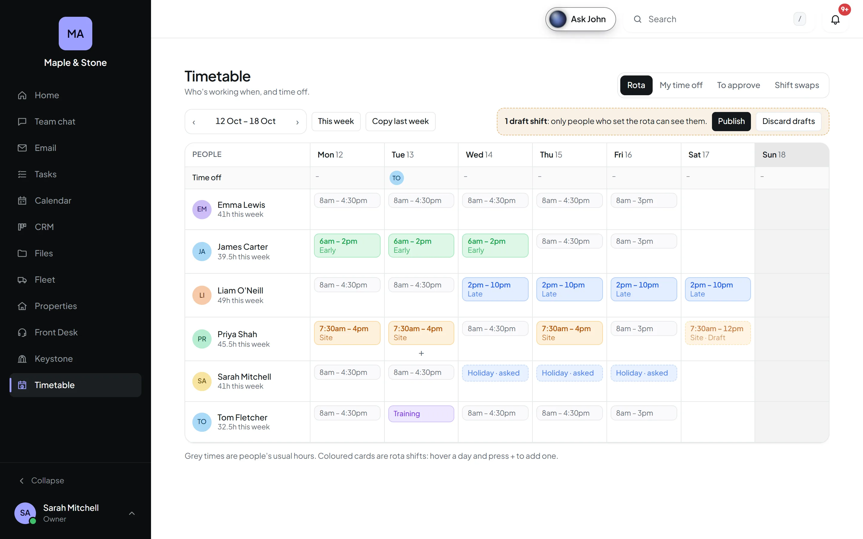 Orkello's Timetable app with a week's rota, usual hours, shifts and holiday