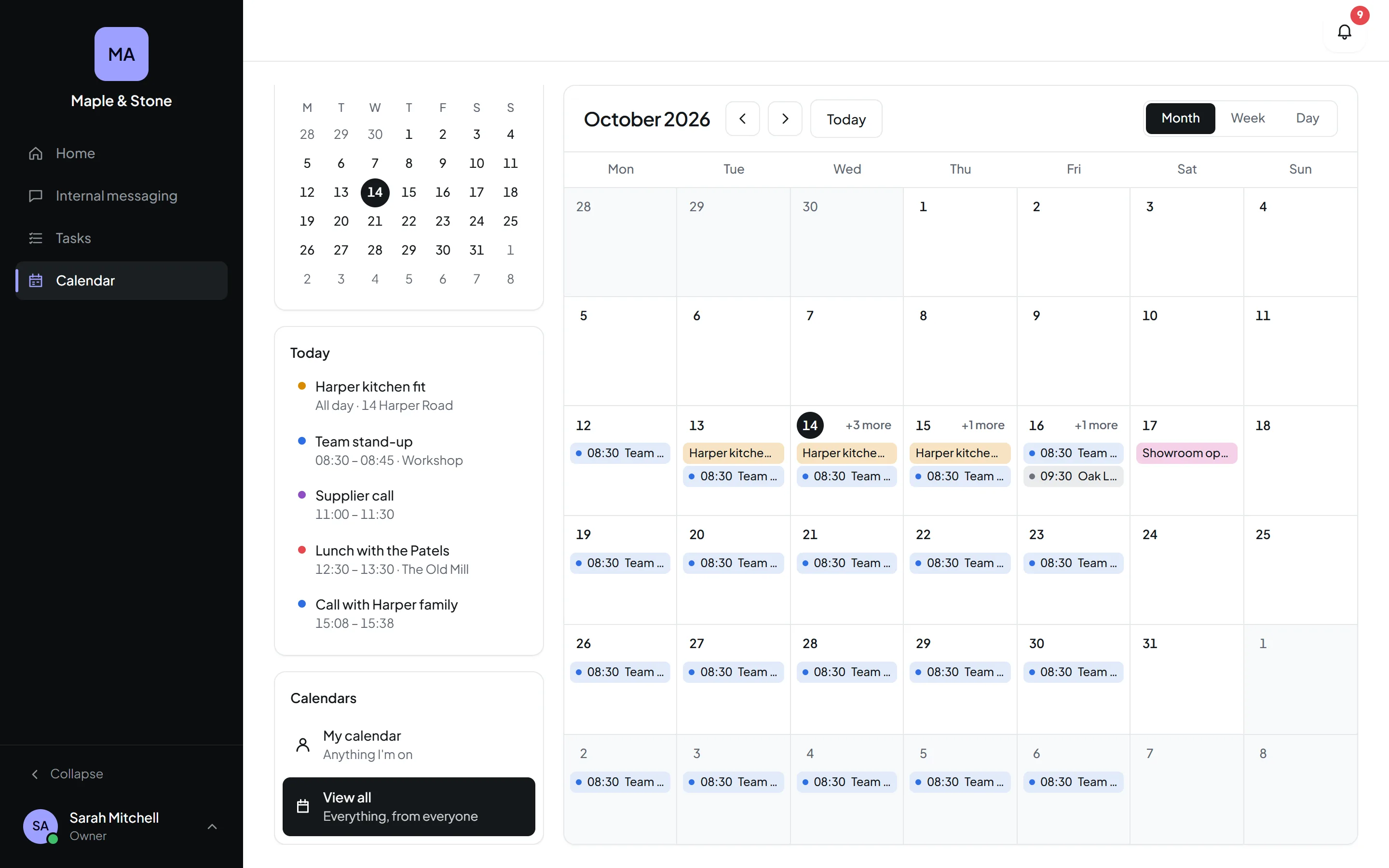 Orkello's calendar month view
