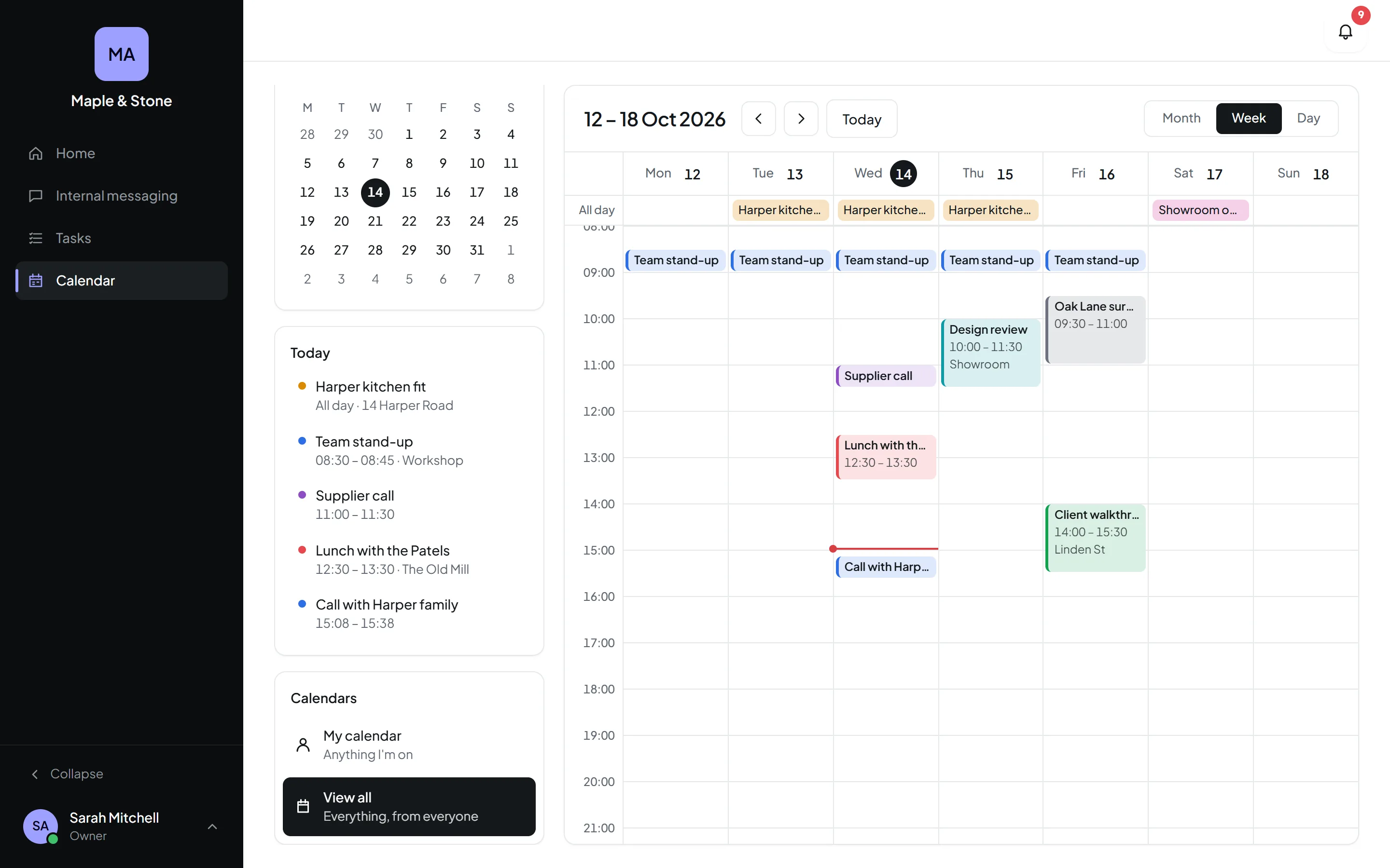 Orkello's calendar showing a busy week of colour-coded events