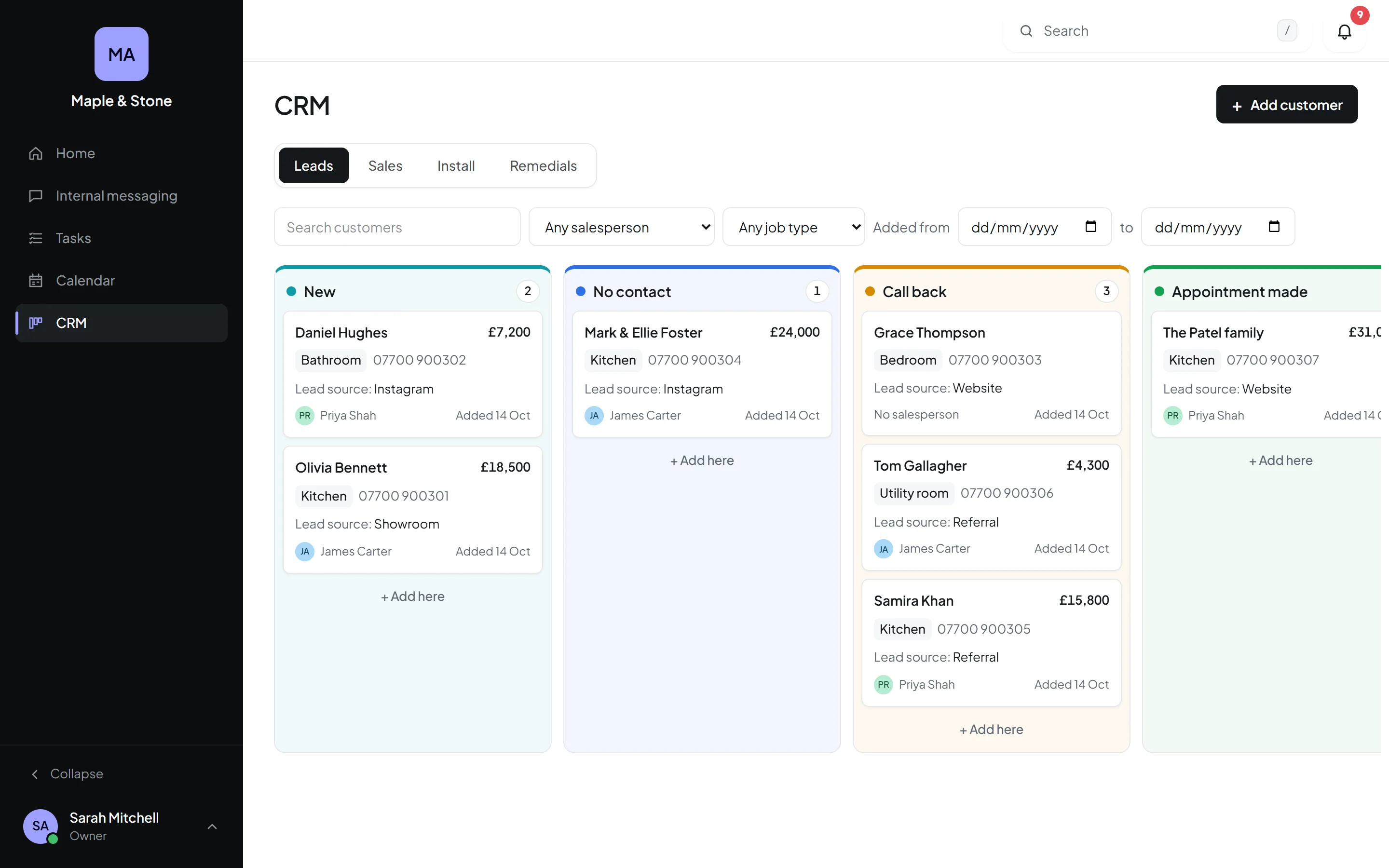 Orkello's CRM board with customers in New, No contact, Call back and Appointment made