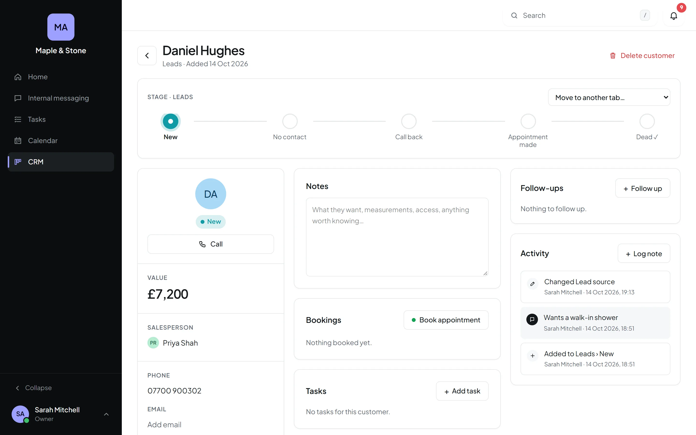 A customer's page in Orkello's CRM with stages, notes, bookings and activity