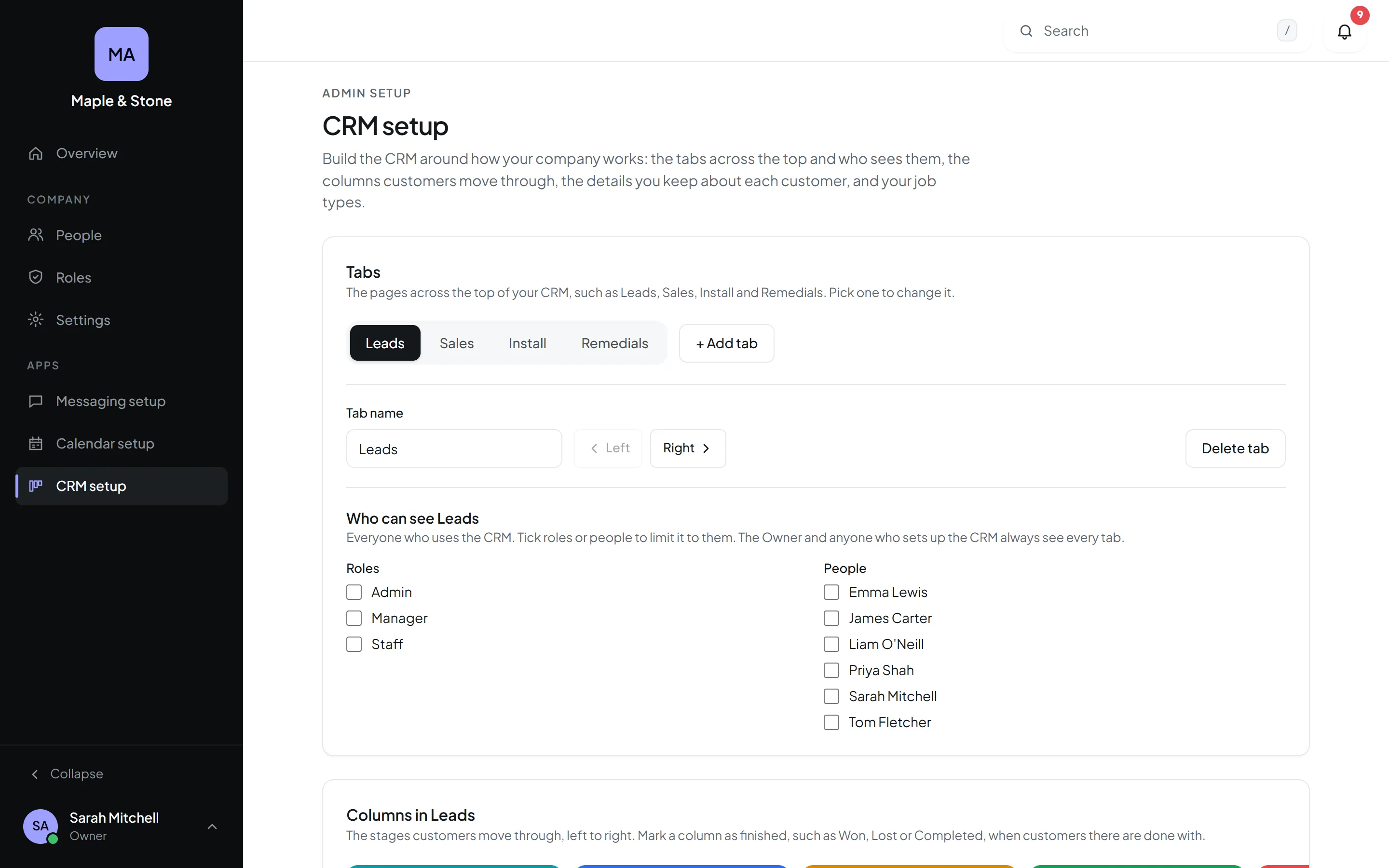 Orkello's CRM setup page for tabs, columns, fields and automations