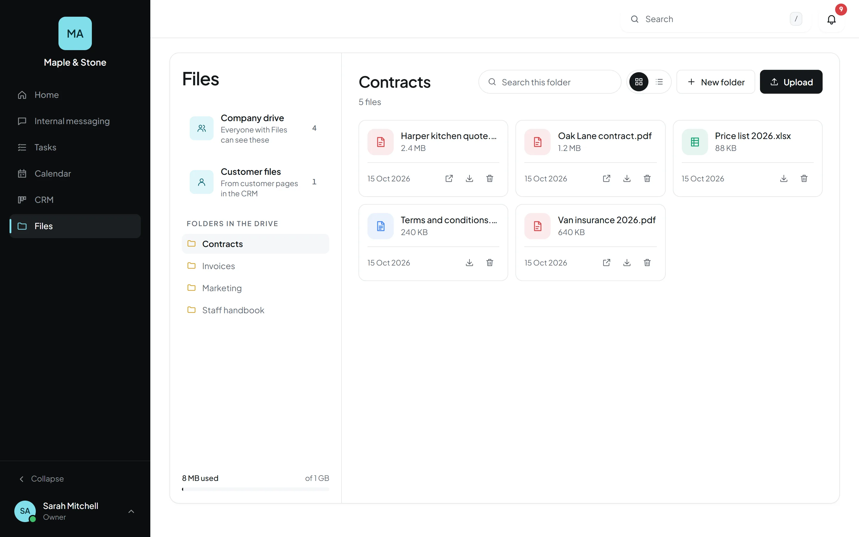 Orkello's Files app with the company drive, folders and files