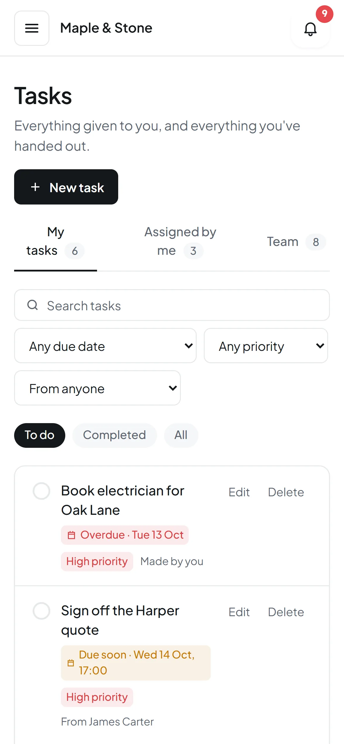 Orkello's tasks on a phone